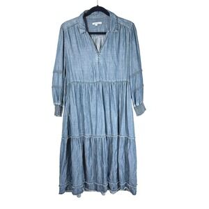 Denim Tiered Midi Dress Blue Lace Smocked sz 6 Coastal Cowgirl Western Fairy y2k